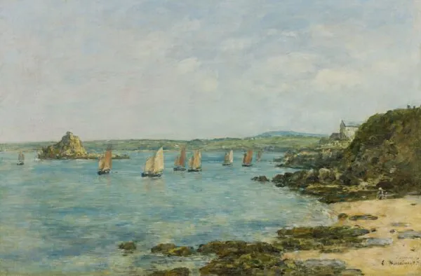 Rivage de Douarnenez, bateaux de pêche dans la baie (1897) by Eugène Louis Boudin — original painting reproduced as a hand-painted oil on canvas