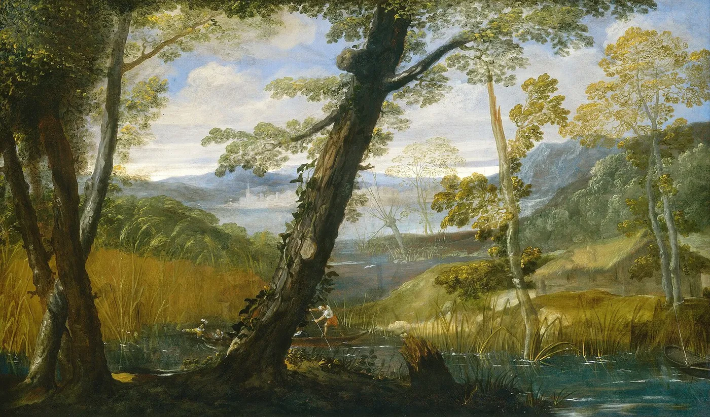 River Landscape (1590) by Annibale Carracci — original painting reproduced as a hand-painted oil on canvas