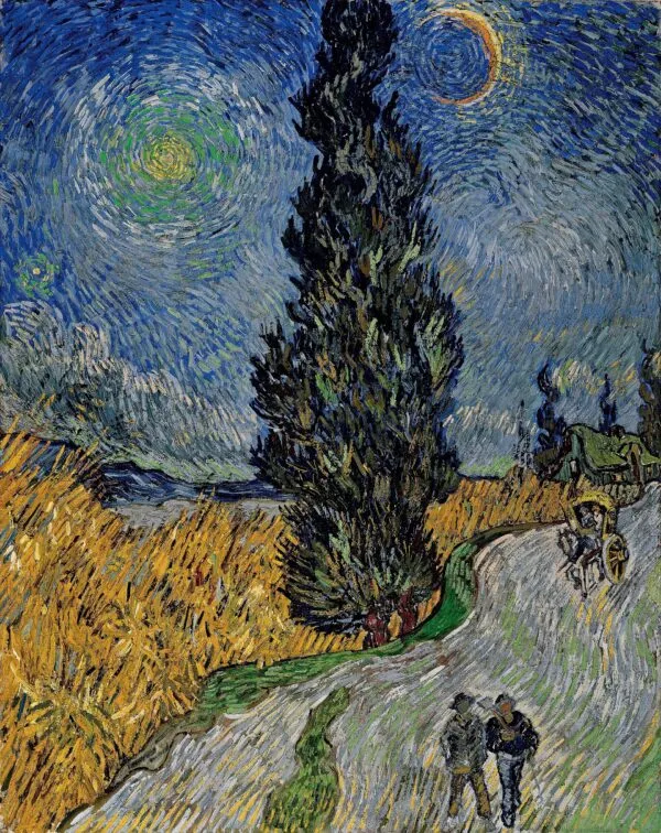 Road with Cypress and Star (1890) by Vincent van Gogh — original painting reproduced as a hand-painted oil on canvas