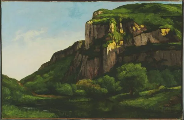 Rocks at Mouthier (1855) by Gustave Courbet — original painting reproduced as a hand-painted oil on canvas