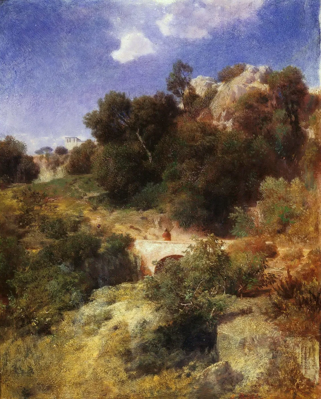 Rocky hill country with bridge (1858) by Arnold Böcklin — original painting reproduced as a hand-painted oil on canvas