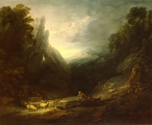 Romantic Landscape with Sheep at a Spring (1783) by Thomas Gainsborough — original painting reproduced as a hand-painted oil on canvas
