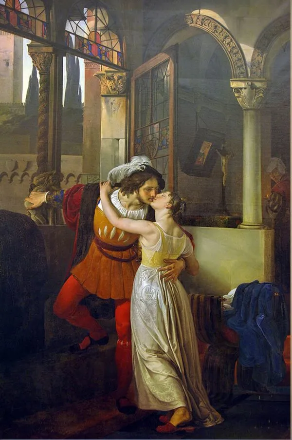 Romeo and Juliet (1823) by Francesco Hayez — original painting reproduced as a hand-painted oil on canvas