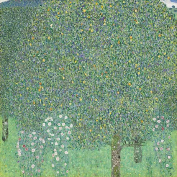 Rosebushes under the Trees (1905) by Gustav Klimt — original painting reproduced as a hand-painted oil on canvas