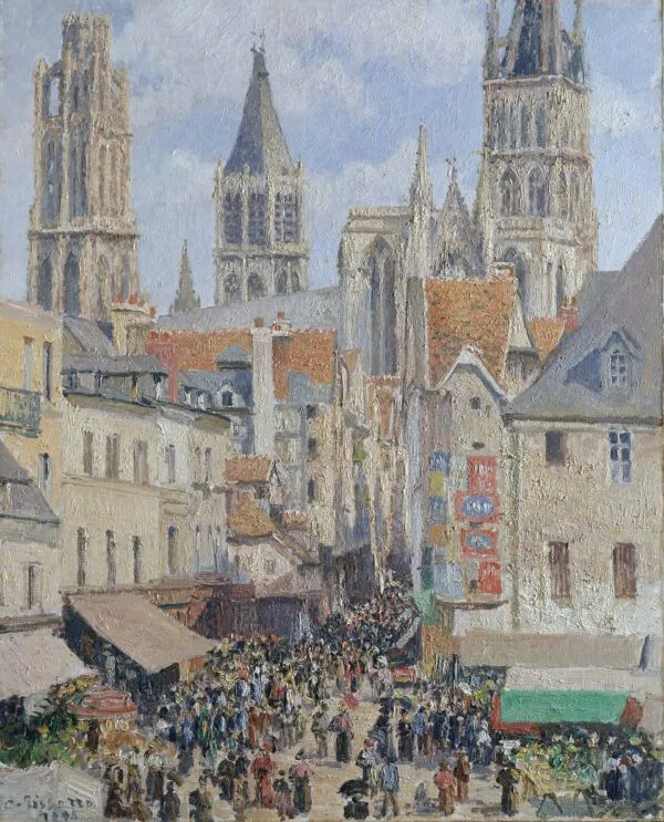 Rue de l'Épicerie, Rouen (Effect of Sunlight) (1898) by Camille Pissarro — original painting reproduced as a hand-painted oil on canvas