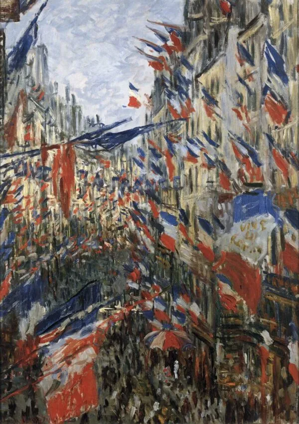 Rue Saint-Denis with Flags (1878) by Claude Monet — original painting reproduced as a hand-painted oil on canvas