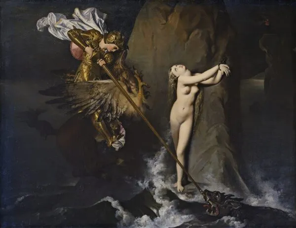 Ruggiero Rescuing Angelica (1819) by Jean-Auguste-Dominique Ingres — original painting reproduced as a hand-painted oil on canvas