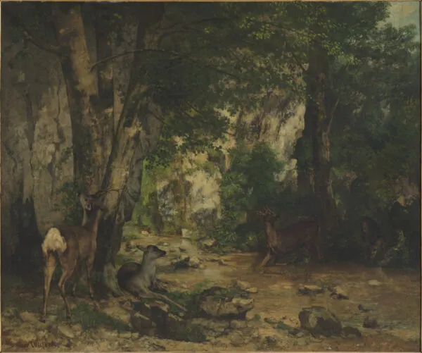 Running deer in Plaisir-Fontaine creek (1866) by Gustave Courbet — original painting reproduced as a hand-painted oil on canvas