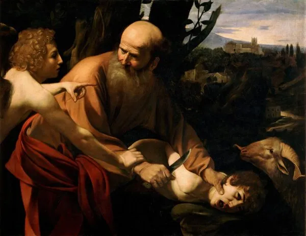 Sacrifice of Isaac (1603) by Caravaggio — original painting reproduced as a hand-painted oil on canvas