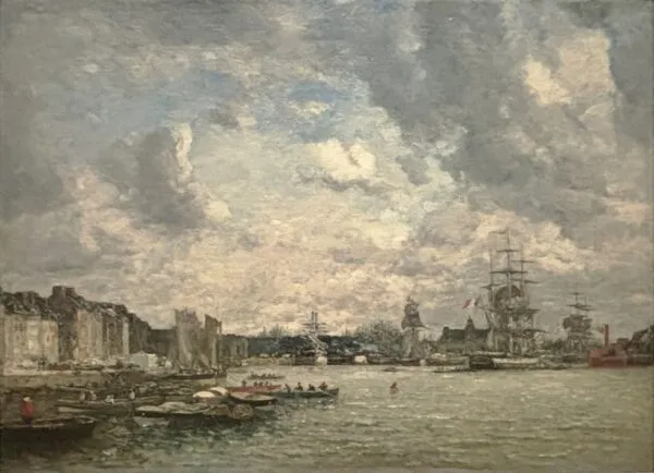 Sailing Ships in Port (1869) by Eugène Louis Boudin — original painting reproduced as a hand-painted oil on canvas
