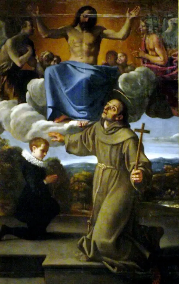 Saint Diego of Alcalá presents the son of Juan de Herrera to Christ (1606) by Annibale Carracci — original painting reproduced as a hand-painted oil on canvas