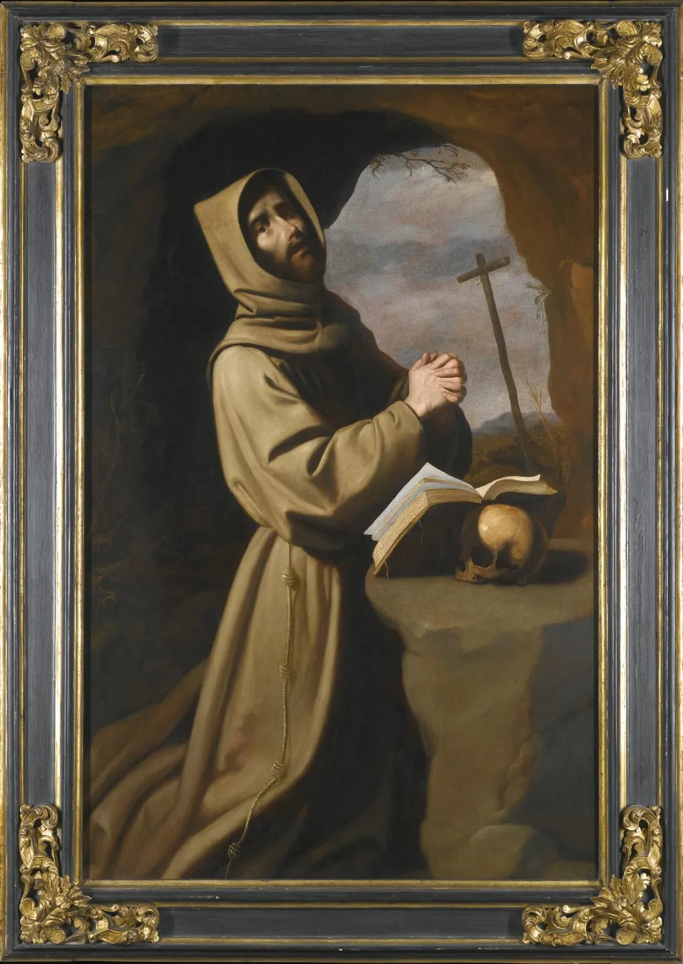 Saint Francis Praying in a Grotto (1650) by Francisco de Zurbarán — original painting reproduced as a hand-painted oil on canvas