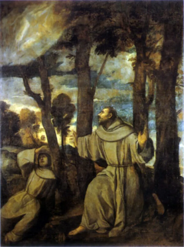 Saint Francis Receiving the Stigmata (1525) by Titian — original painting reproduced as a hand-painted oil on canvas