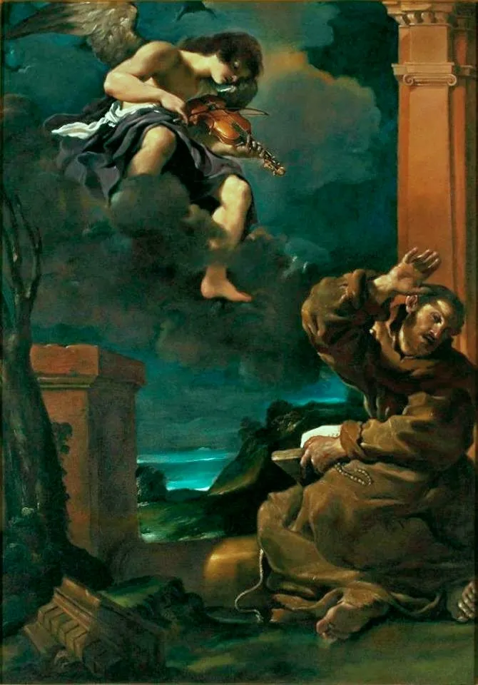 Saint Francis with an angel playing violin (1620) by Guercino — original painting reproduced as a hand-painted oil on canvas