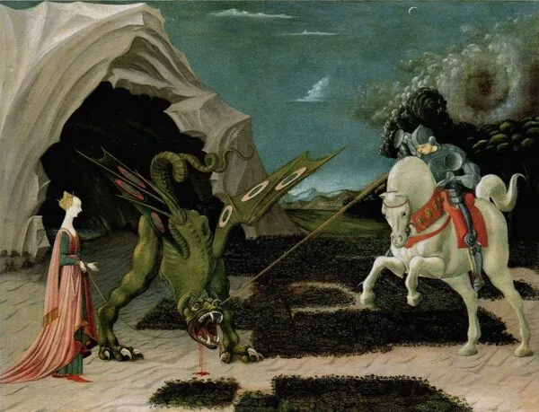 Saint George and the Dragon (1470) by Paolo Uccello — original painting reproduced as a hand-painted oil on canvas