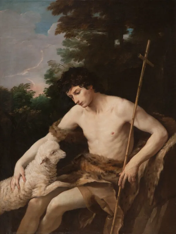 Saint Jean Baptiste caressant l'agneau sans tache (1650) by Guido Reni — original painting reproduced as a hand-painted oil on canvas