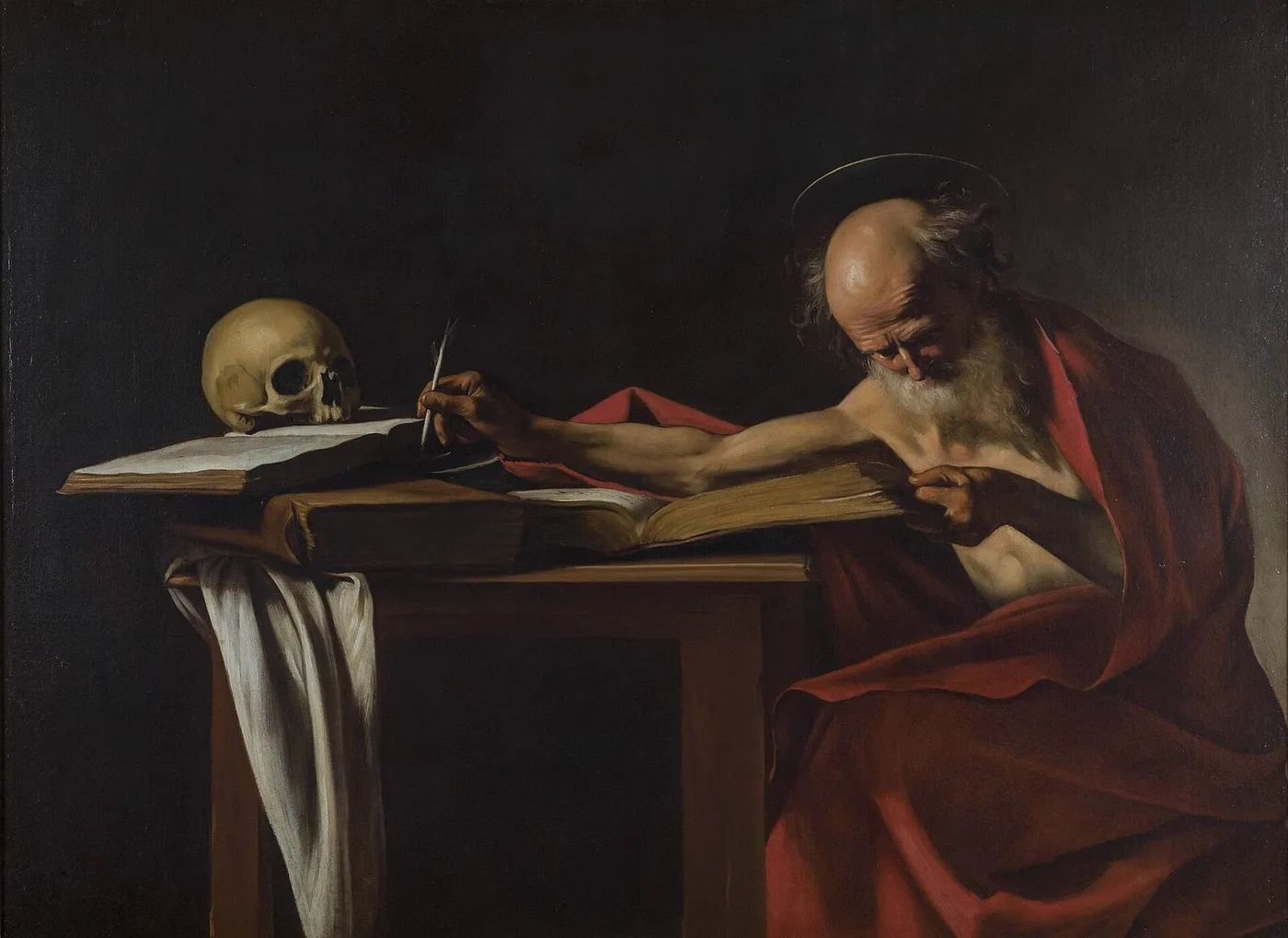 Saint Jerome (1606) by Caravaggio — original painting reproduced as a hand-painted oil on canvas