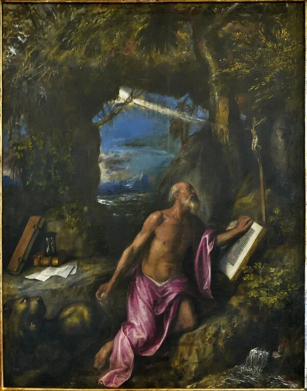 Saint Jerome in Penitence (1575) by Titian — original painting reproduced as a hand-painted oil on canvas