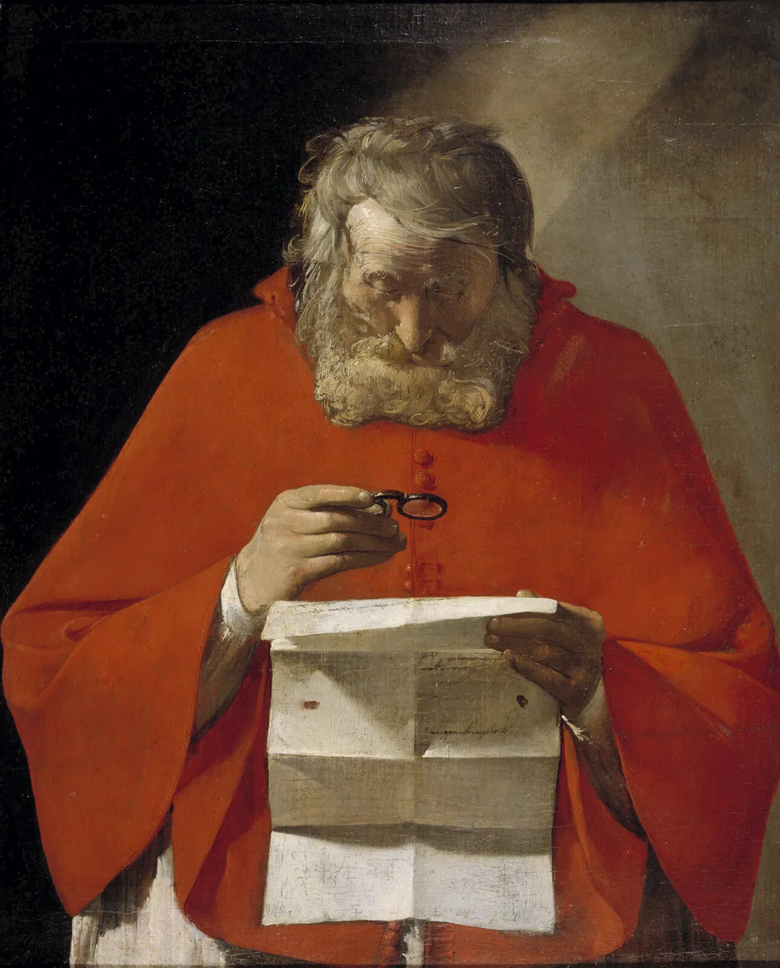 Saint Jerome reading a letter (1627) by Georges de La Tour — original painting reproduced as a hand-painted oil on canvas