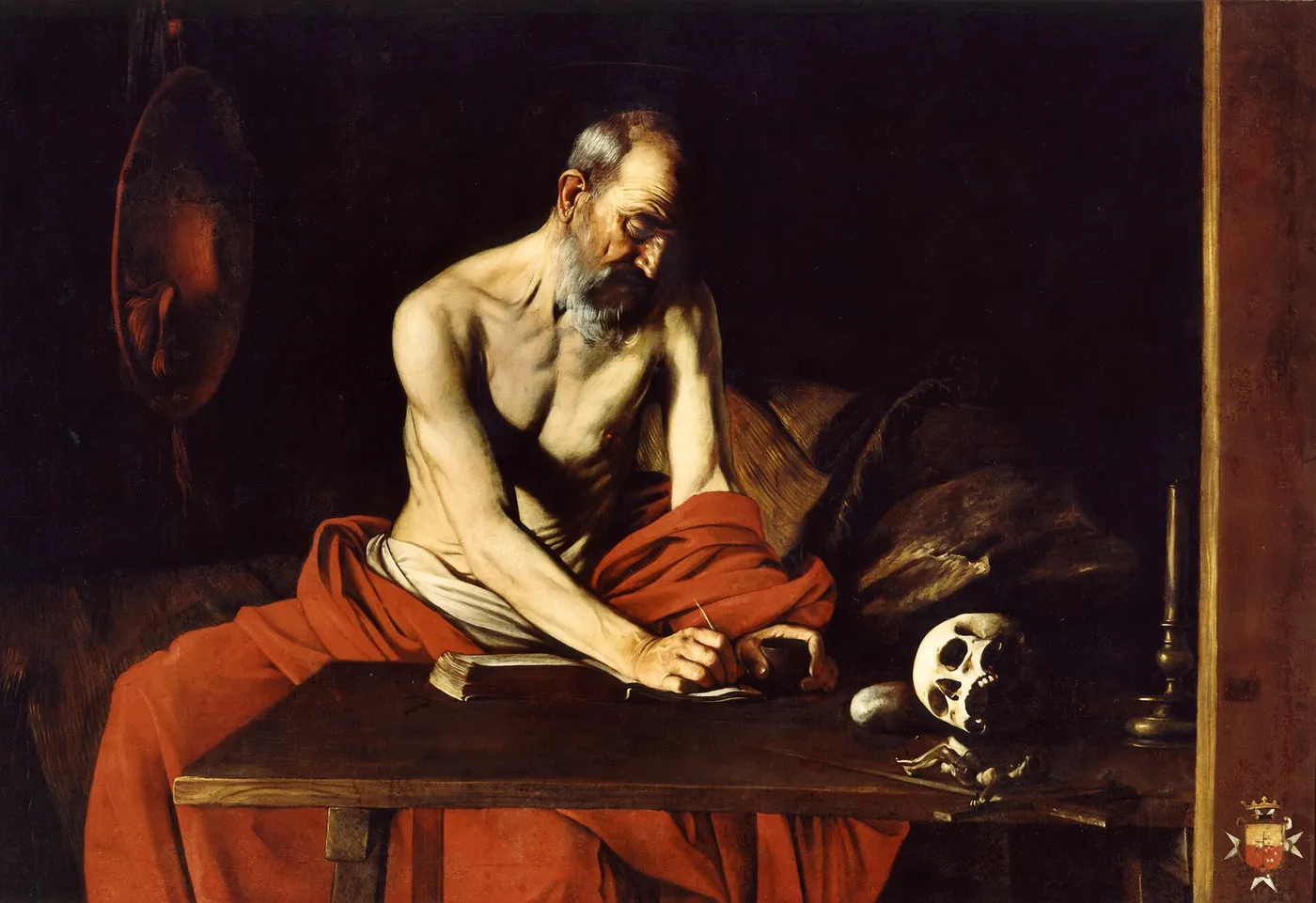 Saint Jerome Writing (1607) by Caravaggio — original painting reproduced as a hand-painted oil on canvas