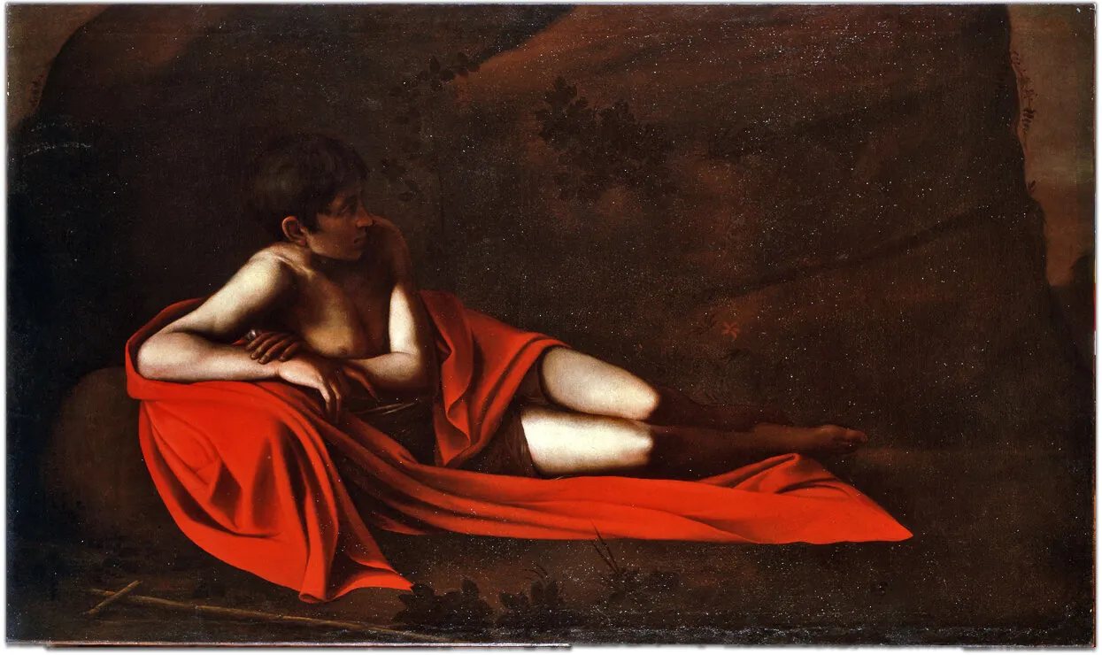 Saint John the Baptist Reclining (1610) by Caravaggio — original painting reproduced as a hand-painted oil on canvas