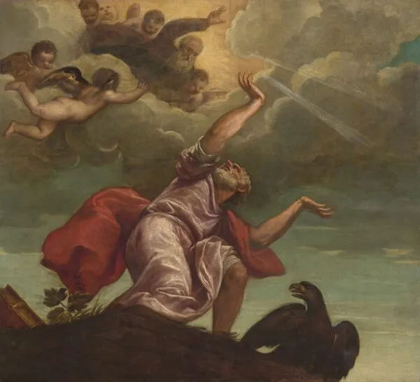 Saint John the Evangelist on Patmos (1547) by Titian — original painting reproduced as a hand-painted oil on canvas