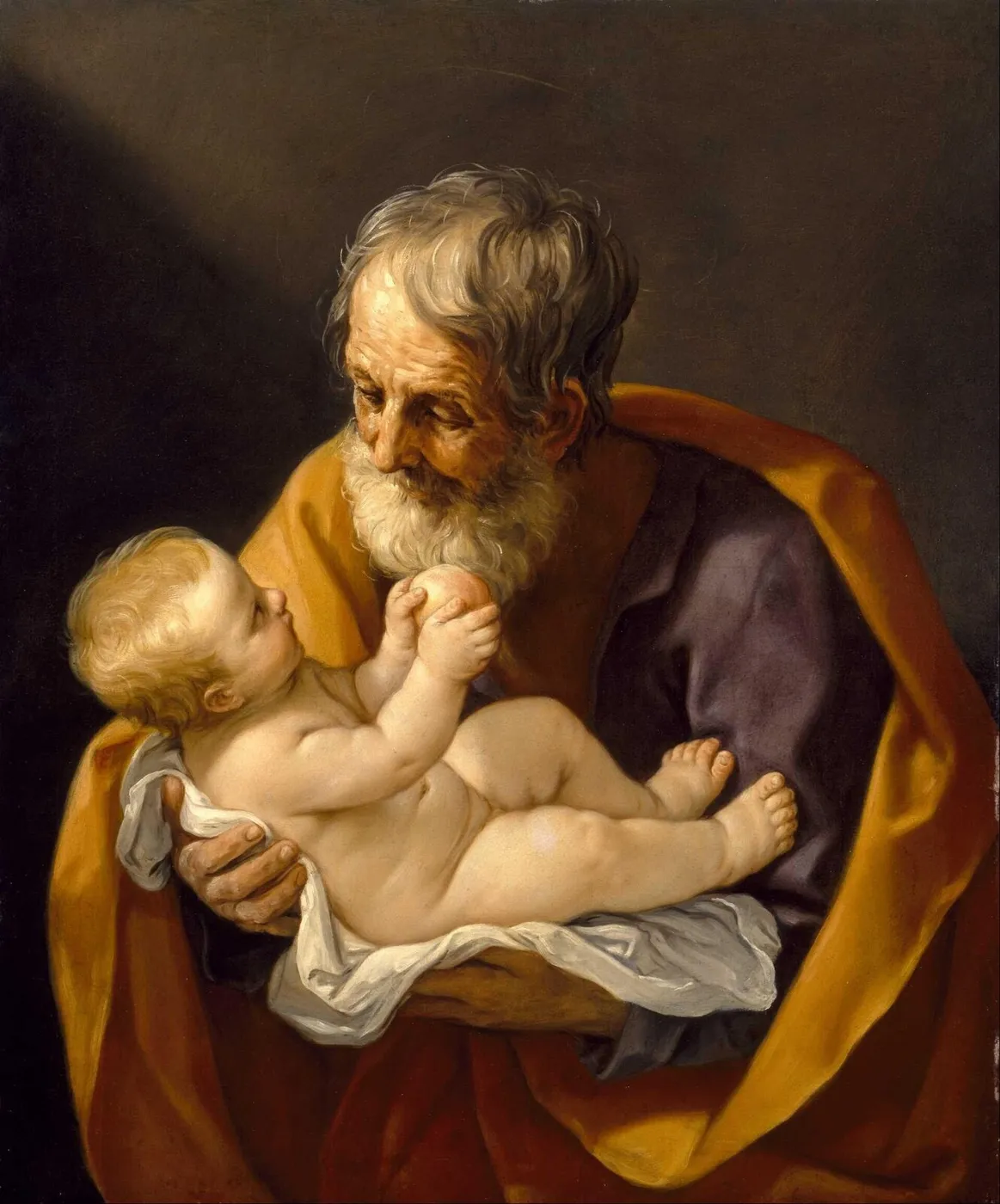 Saint Joseph and the Christ Child (1640) by Guido Reni — original painting reproduced as a hand-painted oil on canvas