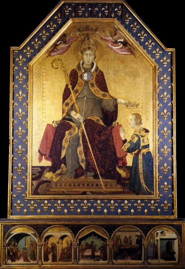 Saint Louis of Toulouse crowns Robert of Anjou (1317) by Simone Martini — original painting reproduced as a hand-painted oil on canvas
