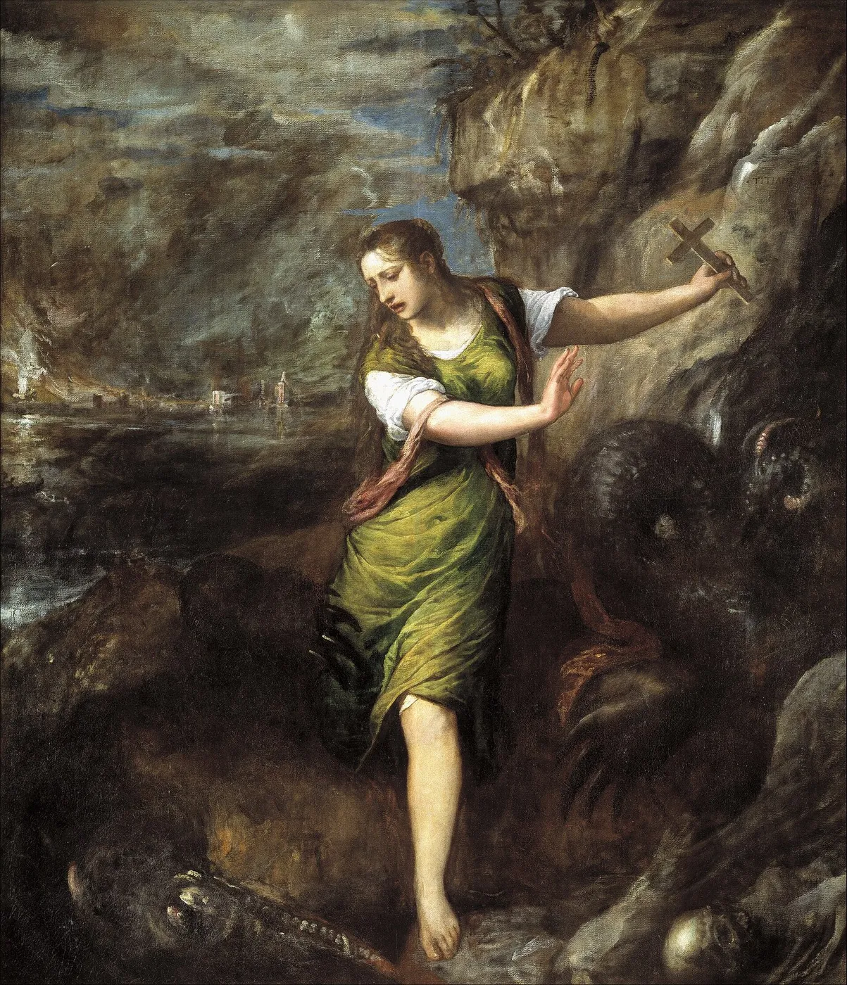 Saint Margaret and the Dragon (1565) by Titian — original painting reproduced as a hand-painted oil on canvas