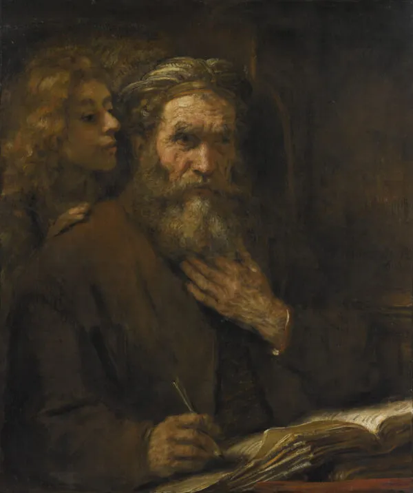 Saint Matthew and the Angel (1661) by Rembrandt — original painting reproduced as a hand-painted oil on canvas