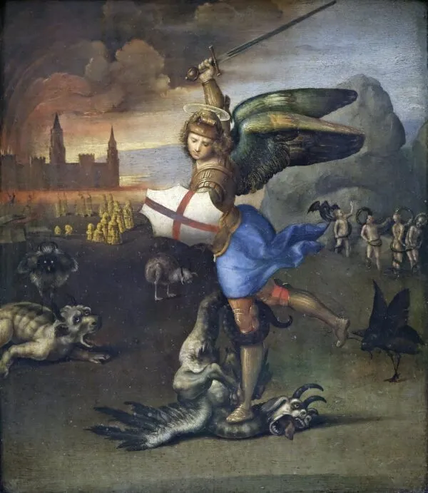 Saint Michael Vanquishing Satan (1504) by Raphael — original painting reproduced as a hand-painted oil on canvas