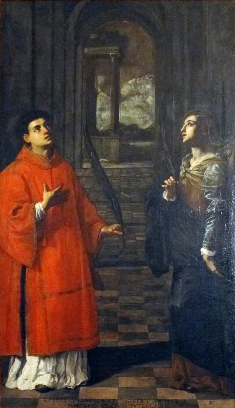 Saint Proculus of Pozzuoli and his mother Santa Nicaea (1637) by Artemisia Gentileschi — original painting reproduced as a hand-painted oil on canvas