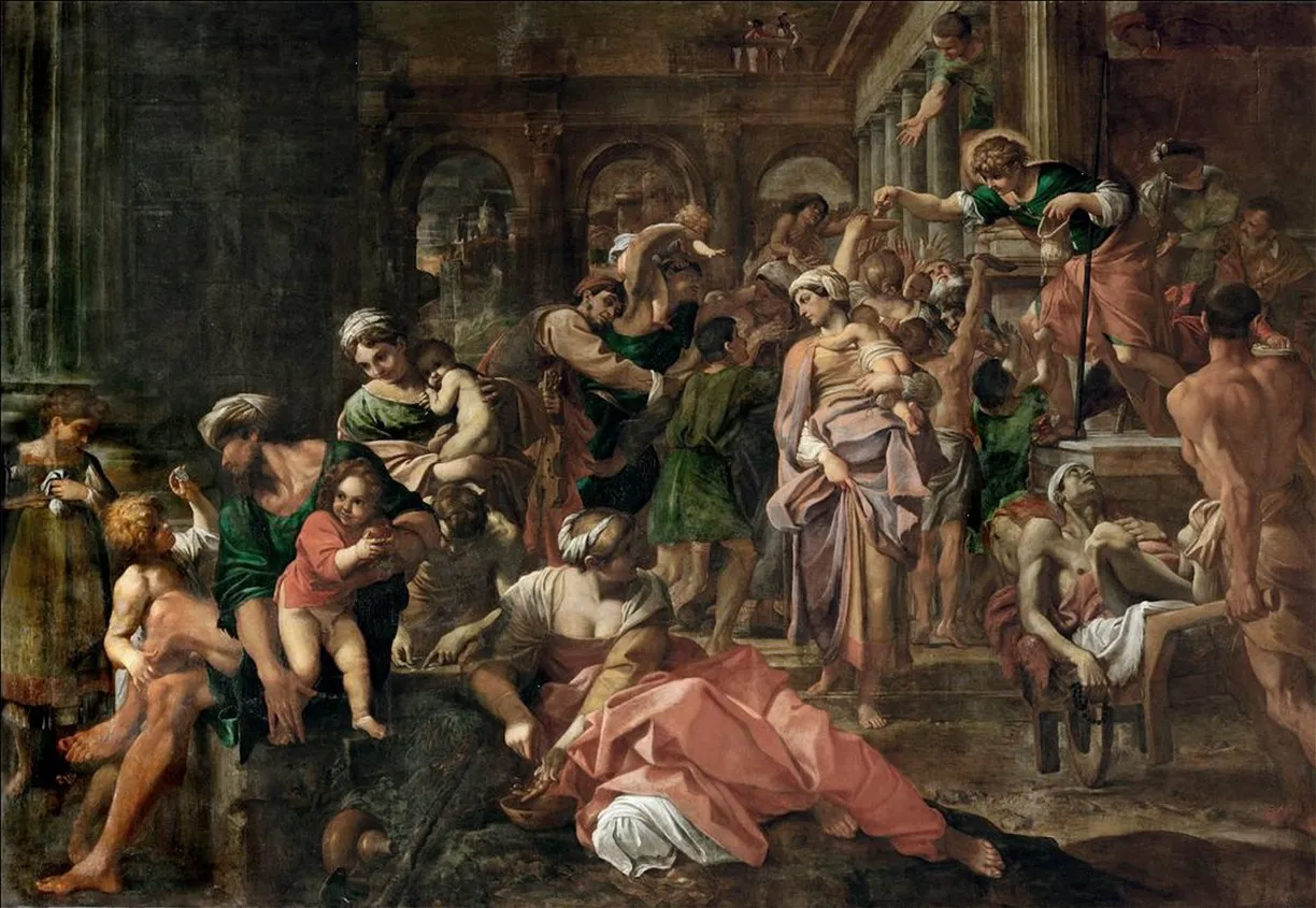 Saint Roch Distributing Alms (1550) by Annibale Carracci — original painting reproduced as a hand-painted oil on canvas