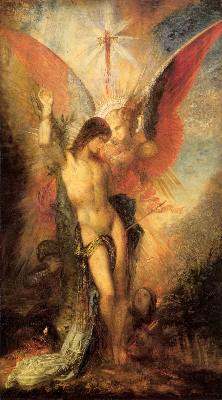 Saint Sebastian and the Angel (1876) by Gustave Moreau — original painting reproduced as a hand-painted oil on canvas