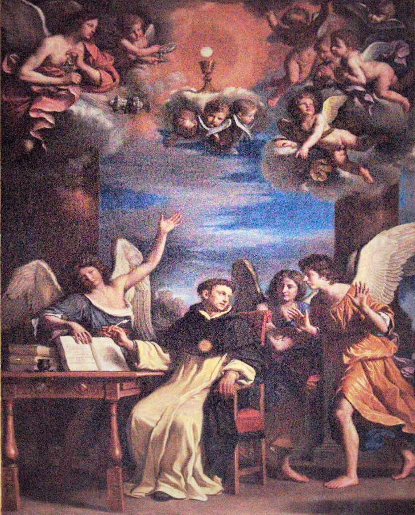 Saint Thomas Aquinas writing the hymn of the Holy Sacrament (1662) by Guercino — original painting reproduced as a hand-painted oil on canvas