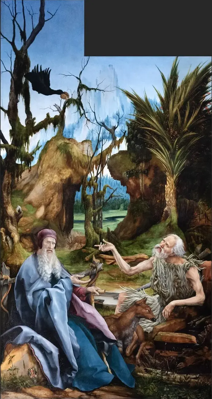 Saints Paul and Anthony in the Desert (1515) by Matthias Grünewald — original painting reproduced as a hand-painted oil on canvas