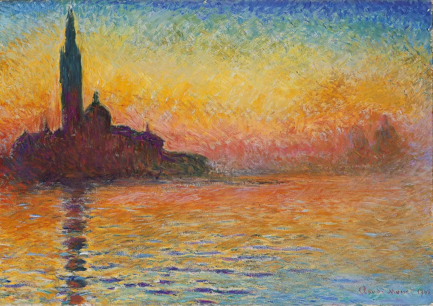 San Giorgio Maggiore at Dusk (1908) by Claude Monet — original painting reproduced as a hand-painted oil on canvas
