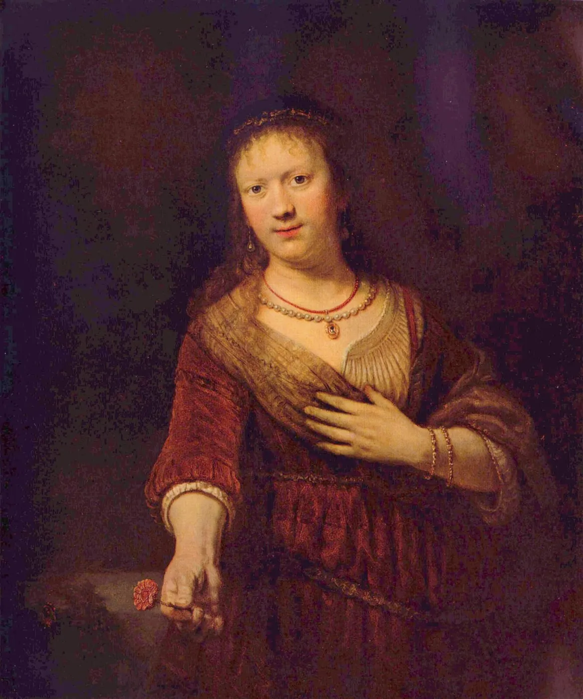 Saskia as Flora (1641) by Rembrandt — original painting reproduced as a hand-painted oil on canvas