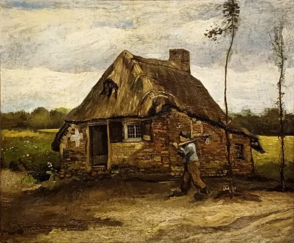 Scene of a Cottage with a Peasant Coming Back Home (1885) by Vincent van Gogh — original painting reproduced as a hand-painted oil on canvas