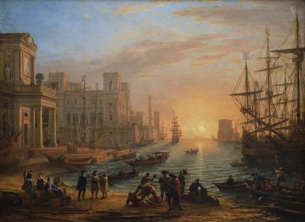 Sea Port at Sunset (1639) by Claude Lorrain — original painting reproduced as a hand-painted oil on canvas