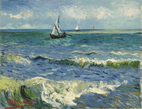 Seascape near Les Saintes-Maries-de-la-Mer (1888) by Vincent van Gogh — original painting reproduced as a hand-painted oil on canvas
