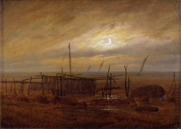 Seaside moonlight (1818) by Caspar David Friedrich — original painting reproduced as a hand-painted oil on canvas