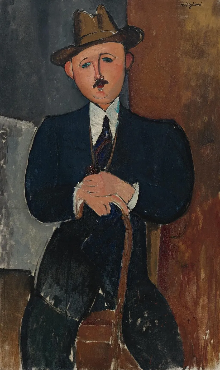 Seated Man with a Cane (1918) by Amedeo Modigliani — original painting reproduced as a hand-painted oil on canvas