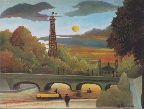 Seine and Eiffel Tower in the Sunset (1897) by Henri Rousseau — original painting reproduced as a hand-painted oil on canvas