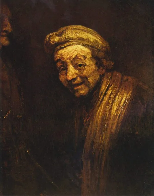 Self-portrait as Zeuxis Laughing (1668) by Rembrandt — original painting reproduced as a hand-painted oil on canvas