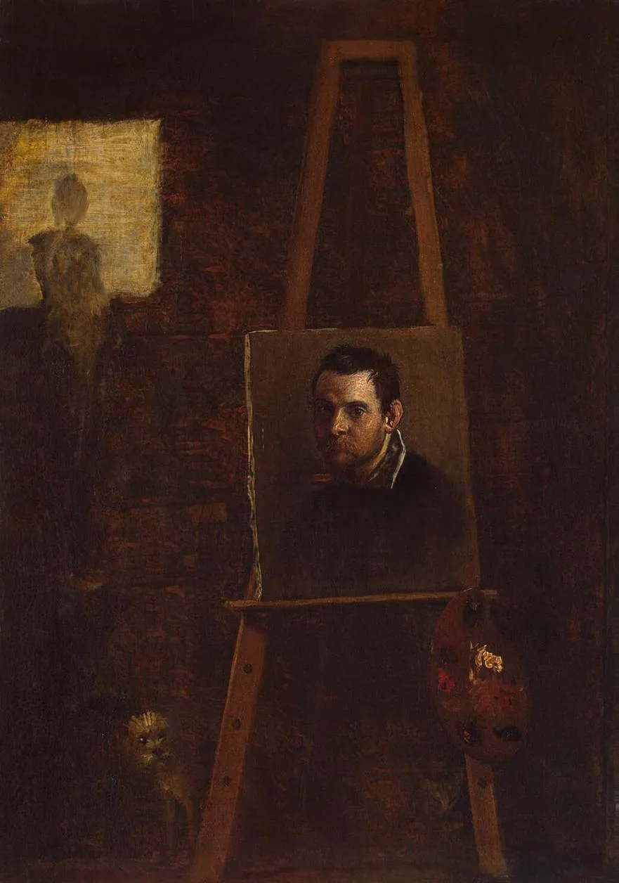 Self-portrait at the Easel (1604) by Annibale Carracci — original painting reproduced as a hand-painted oil on canvas