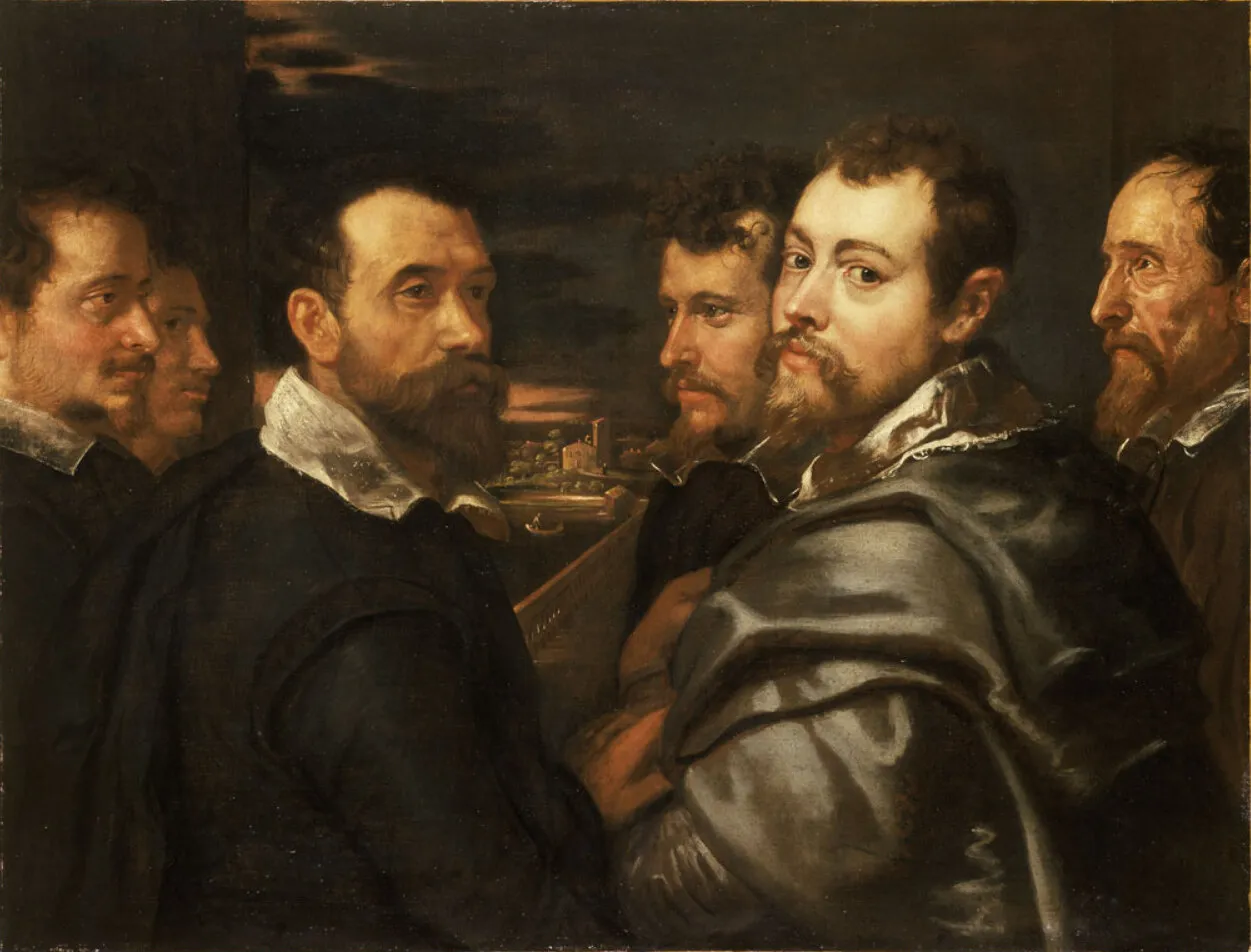 Self-Portrait in a Circle of Friends in Mantua (1602) by Peter Paul Rubens — original painting reproduced as a hand-painted oil on canvas