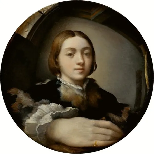 Self-portrait in a Convex Mirror (1523) by Parmigianino — original painting reproduced as a hand-painted oil on canvas