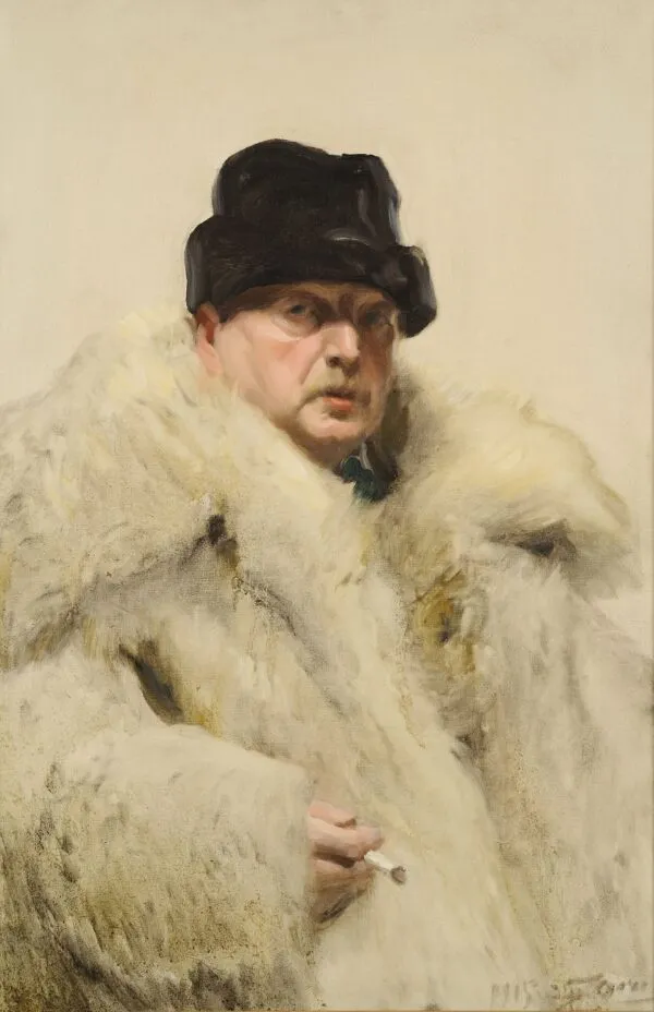 Self-portrait in a wolfskin (1915) by Anders Zorn — original painting reproduced as a hand-painted oil on canvas