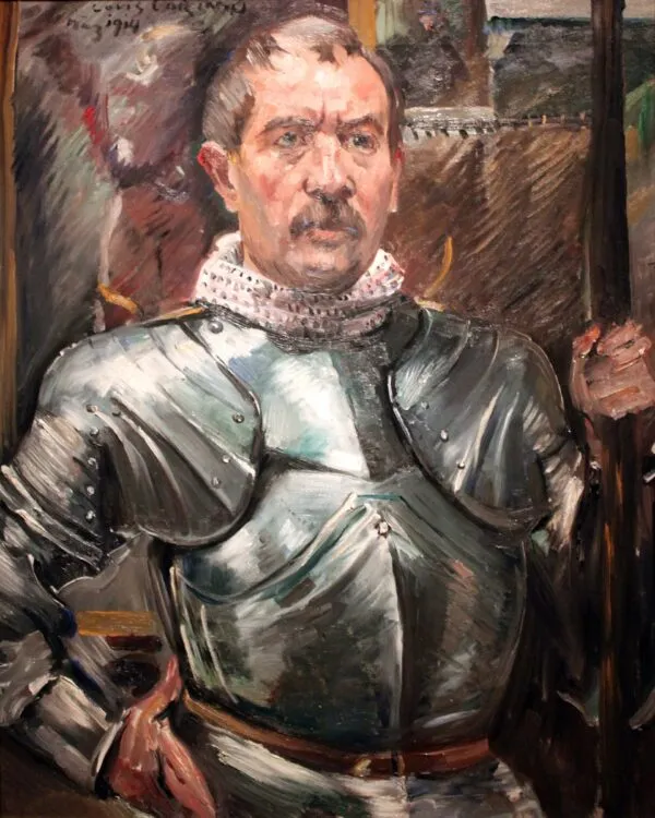 Self-portrait in armor (1914) by Lovis Corinth — original painting reproduced as a hand-painted oil on canvas